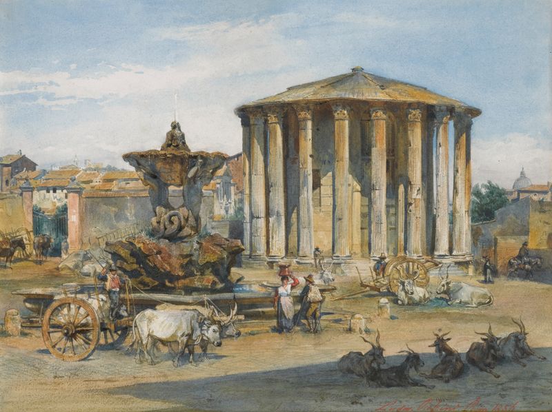 The Temple Of Vesta, Rome by Ludwig Johann Passini, depicting ancient columns in soft light.