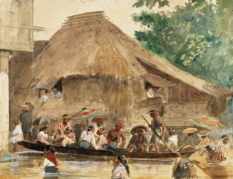 Ukiyo-e representando uma rua alagada em Manila por Charles Wirgman