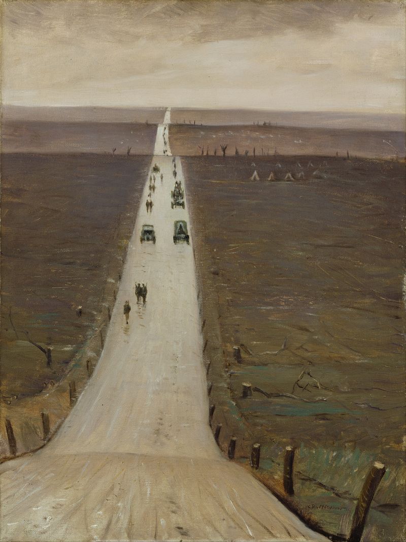 Landscape oil painting by Christopher R. W. Nevinson featuring a winding road and dramatic clouds.