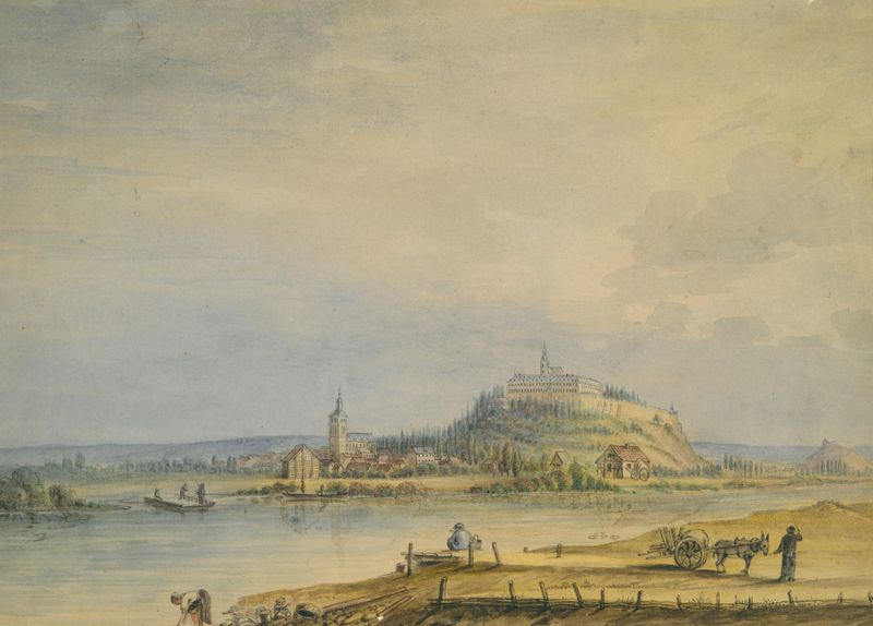 Escena de río con campesinos y un castillo en una colina, siglo XIX, artista desconocido