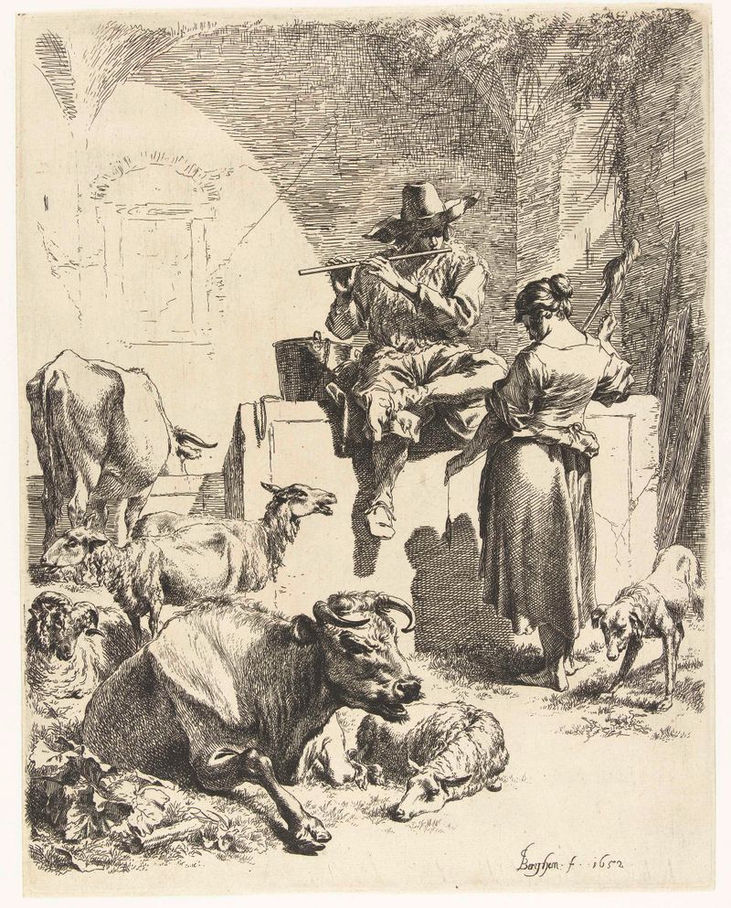 Grabado de Nicolaes Pietersz Berchem que muestra a un pastor y una mujer en luz dorada