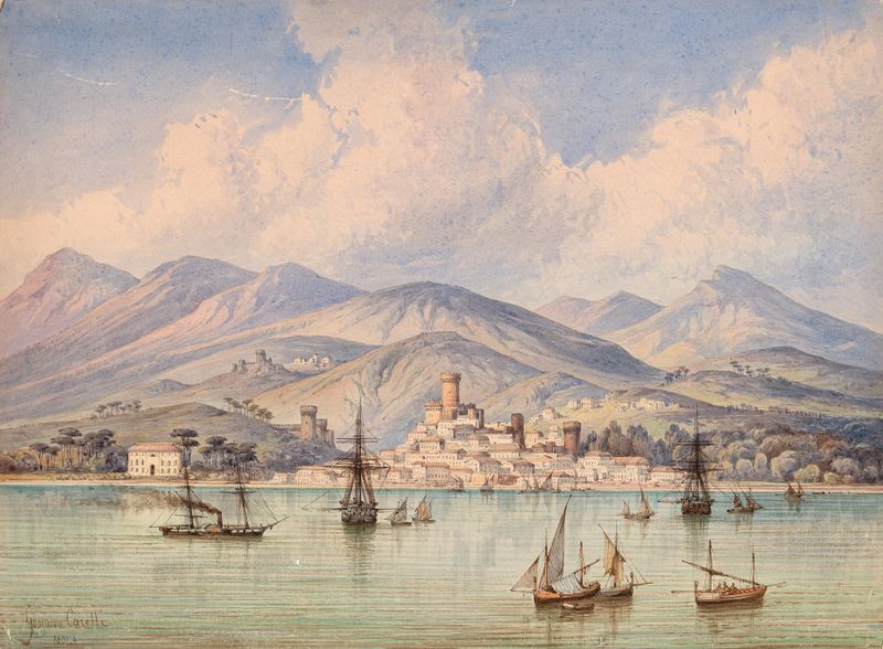 Cena marinha representando o mole de Gaeta por Consalvo Carelli, pintura a óleo