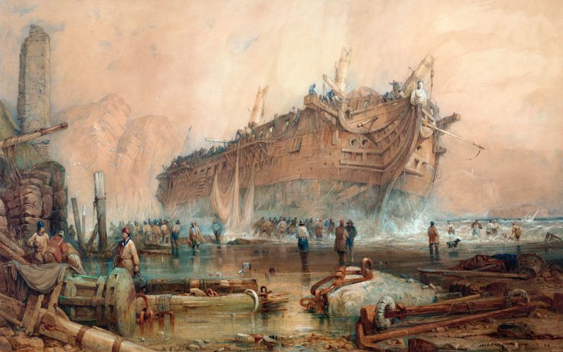 Wreck of an East Indiaman by Samuel Prout, oil painting of a shipwreck with tattered sails and ocean waves.