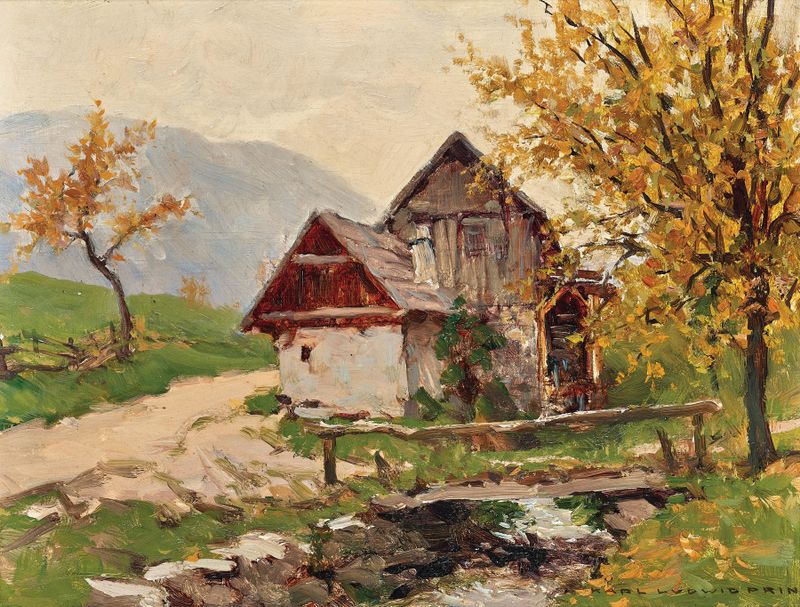Landscape of autumn foliage and distant mountains, oil painting by Karl Ludwig Prinz