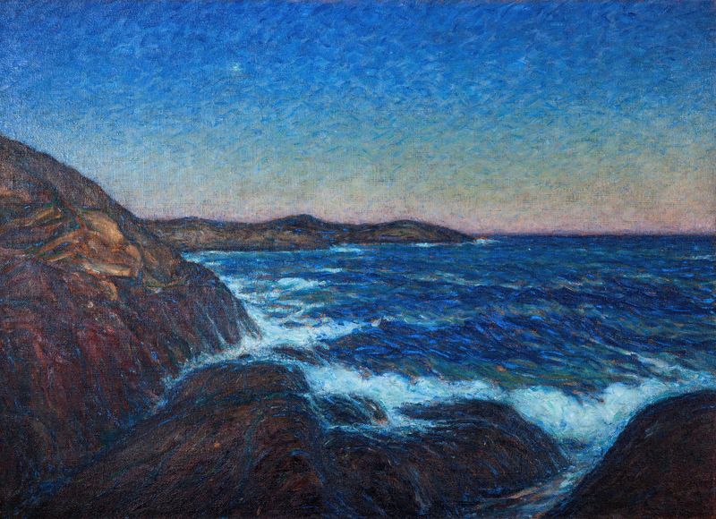 Swell de Karl Nordström, paisagem retratando penhascos e mar turbulento, pintura a óleo