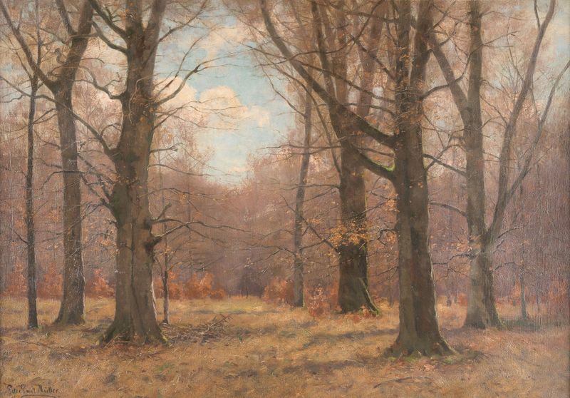 Otoño Tardío en el Bosque de Haya de Peter Paul Müller, representando un paisaje sereno con follaje de otoño, pintura al ó...