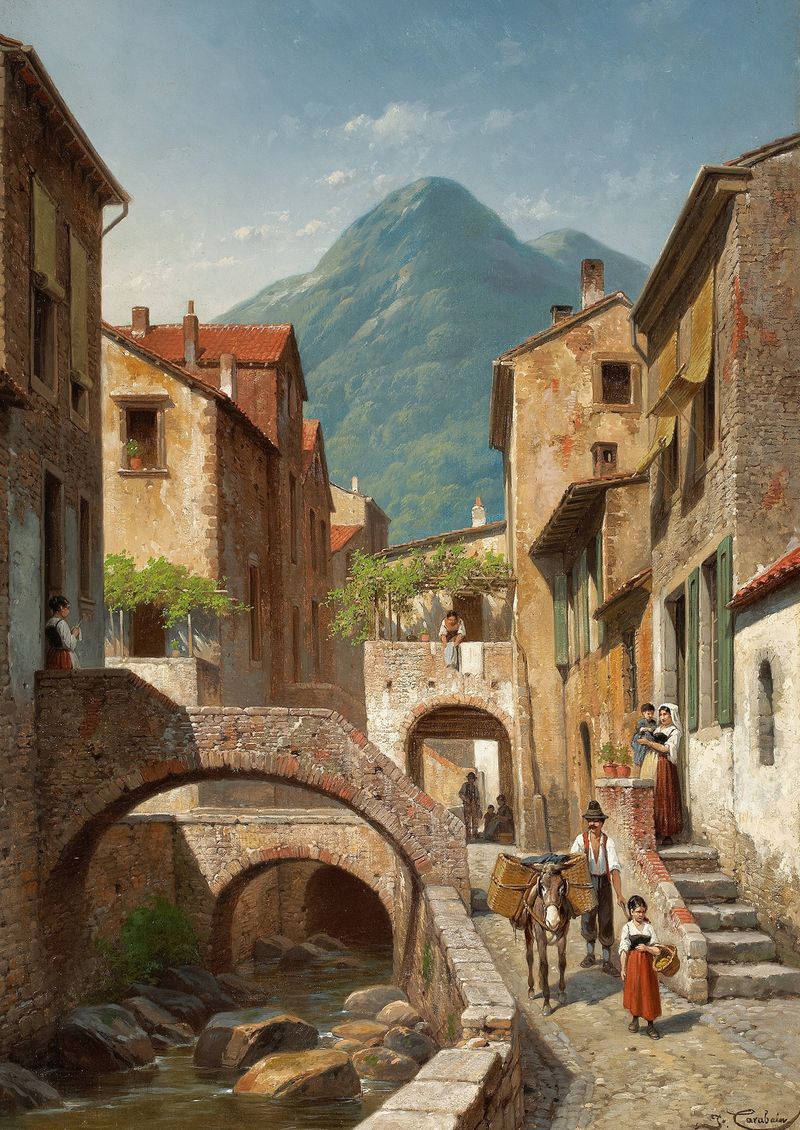 Italian Village Scene by Jacques François Carabain, realism, depicting a village on a hillside.