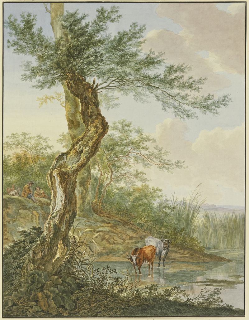 Landschaft mit Wasser, una pintura al óleo de Jacob Perkois que muestra un sauce y vacas junto al agua