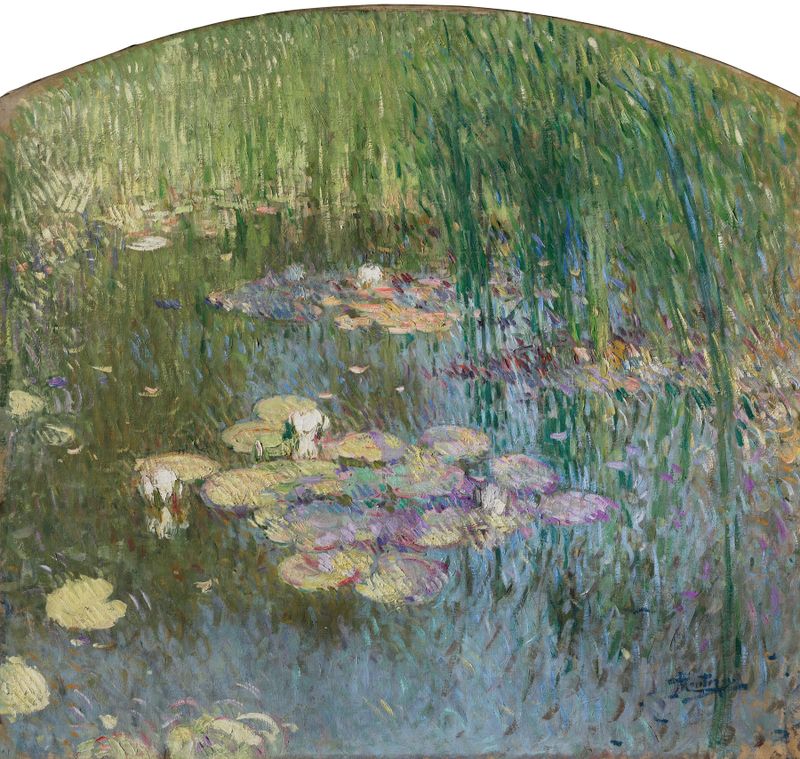 Nymphéas de Pierre-Eugène Montézin, pintura al óleo que muestra agua con nenúfares y flores