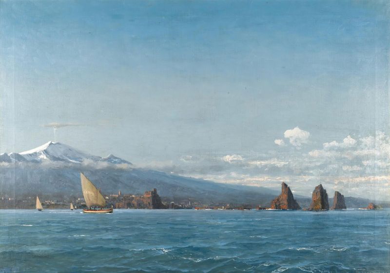 Sailing Boats Before Mount Etna by Michael Zeno Diemer, oil painting
