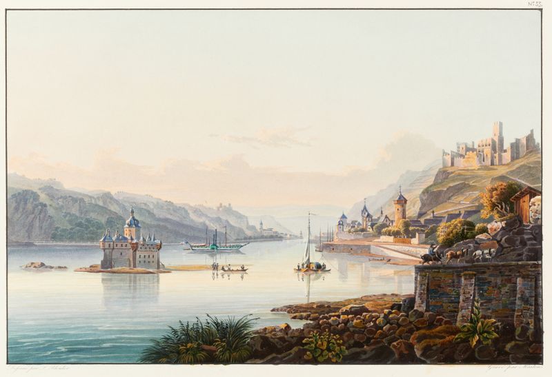 Landscape oil painting by Johann Ludwig Bleuler featuring ruins, a river, and trees.