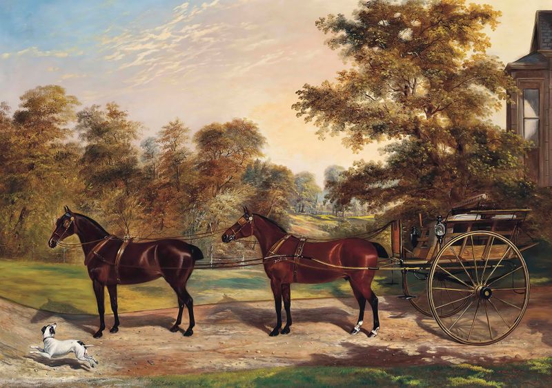Cavalos de carruagem em tandem, pintura a óleo de Benjamin Cam Norton
