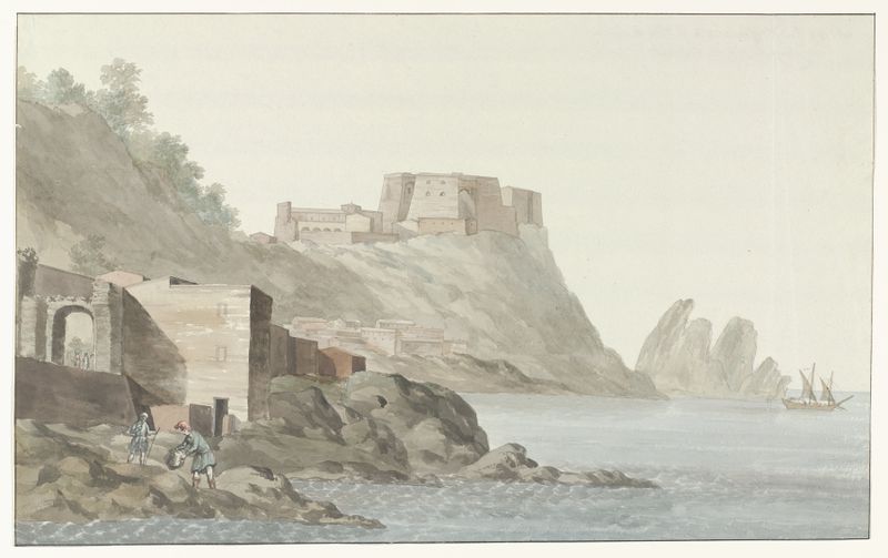 Rots en stad Scilla in de regio Calabrië aan de oostkust, watercolor on paper by Abraham-Louis-Rodolphe Ducros