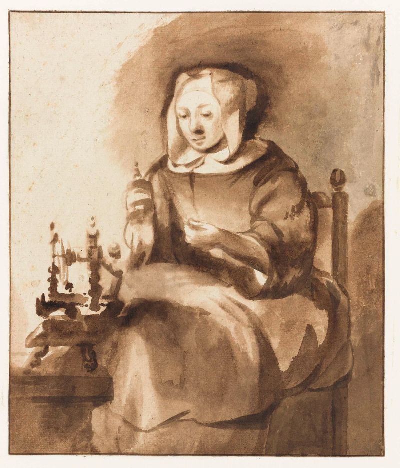 Mulher fiando em uma roda, iluminada por luz dourada, Gerbrand van den Eeckhout, pintura a óleo