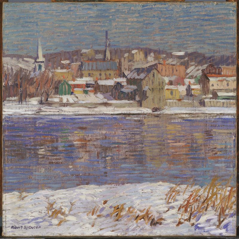 Across the Delaware by Robert Spencer, oil painting depicting a tranquil river landscape at dawn.