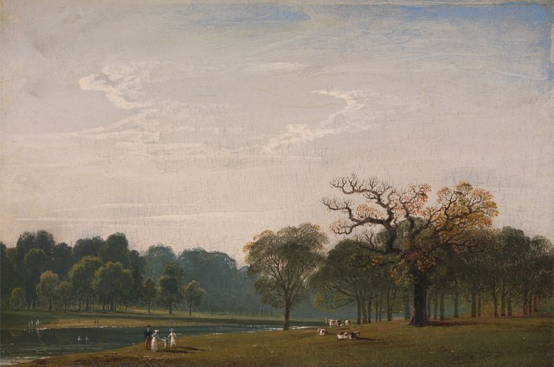 Kensington Gardens by John Martin, oil painting depicting a stormy landscape with figures.