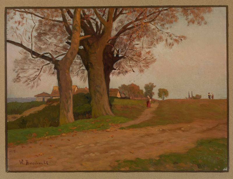 Landscape by Walery Brochocki, oil painting depicting gentle hills and earthy tones