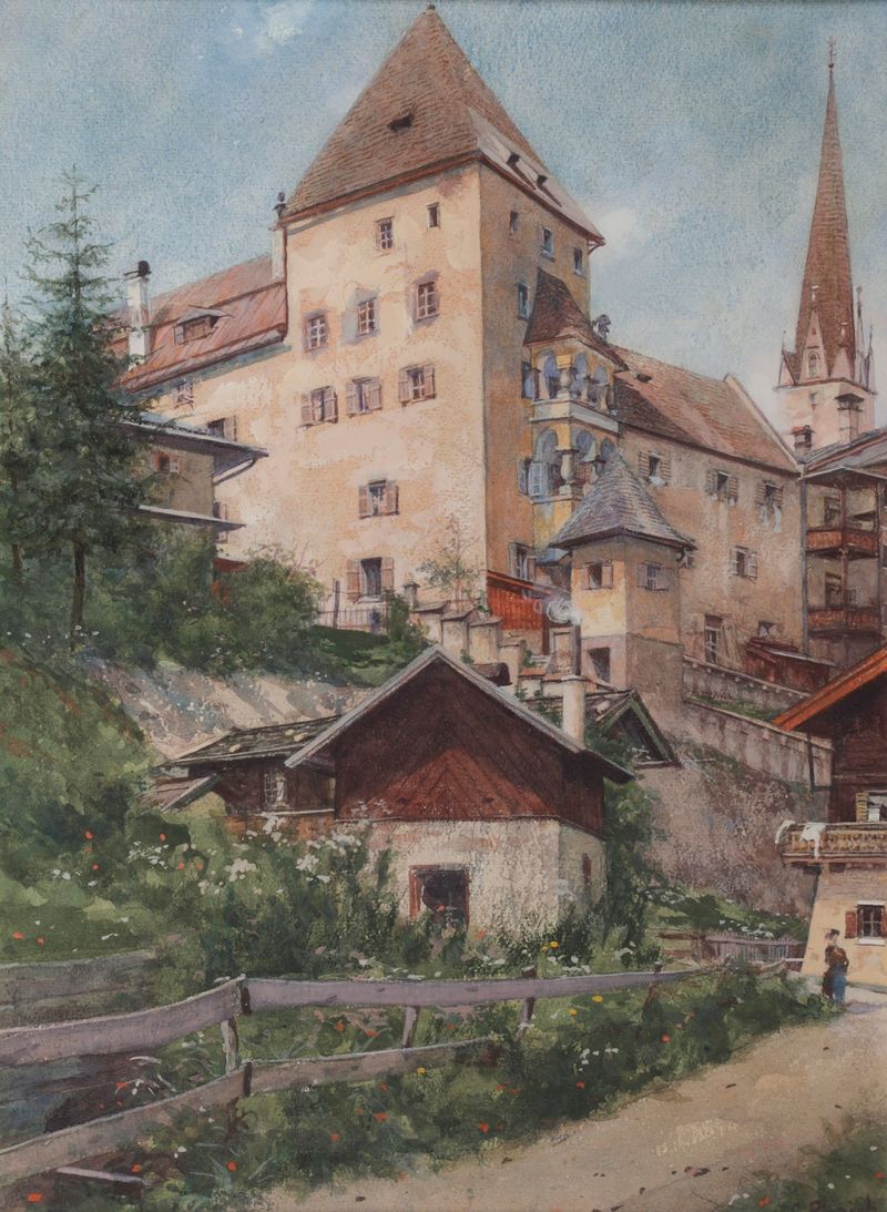 Landscape with a castle and mountains by Carl Pippich