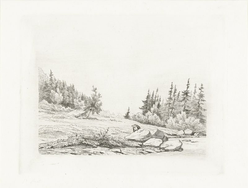Landscape etching by Pierre Louis Dubourcq depicting a snowy mountain peak in Chamonix