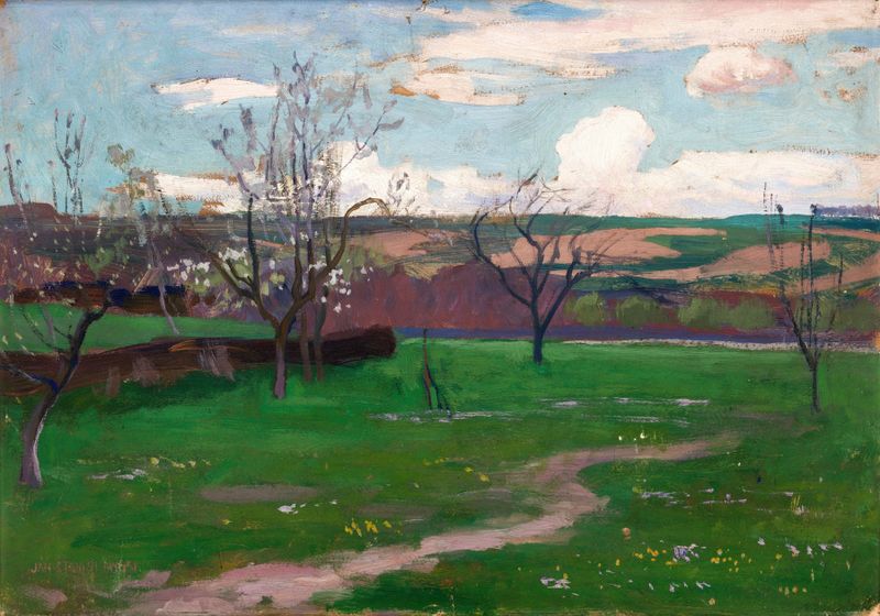 Pintura a óleo Primavera de Jan Stanisławski com flores e vegetação