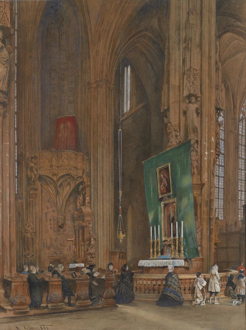 Inneres der Stephanskirche, oil on canvas by Rudolf von Alt, featuring stained glass and stone details