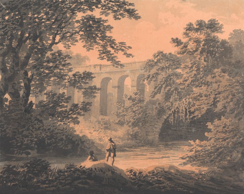 Bridge on the Malton Road from York, oil painting by William Gilpin, depicting a serene river landscape.