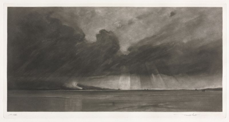 Cloud March over the Sands of Dee engraving by Sir Frank Short depicting clouds over sandy landscape.
