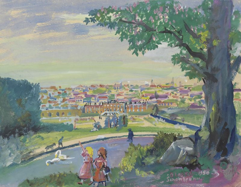 XIII. Schönbrunn (Garten) de Oskar Laske, óleo sobre tela representando um jardim exuberante.