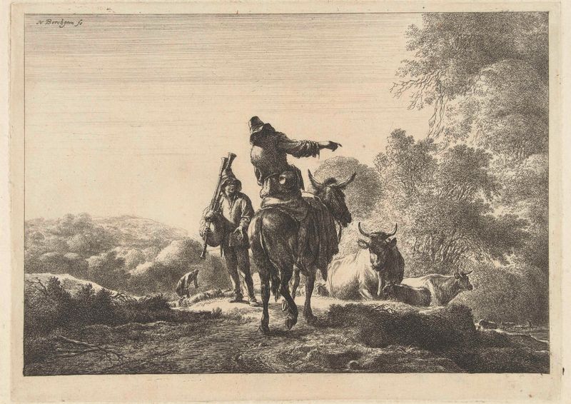 Doedelzakspeler, gravura de Nicolaes Pietersz Berchem representando um tocador de gaita em uma paisagem vibrante.