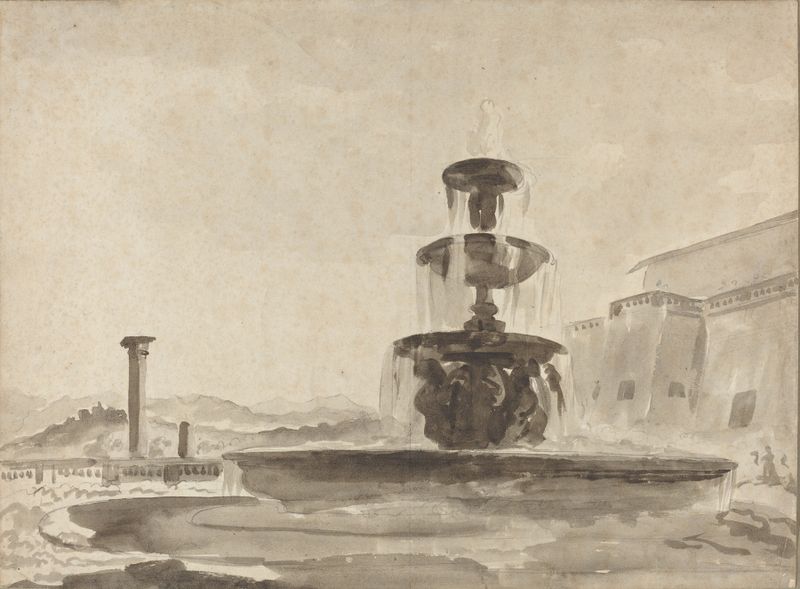 Rococo fountain in marble by French School, depicting water and nature.