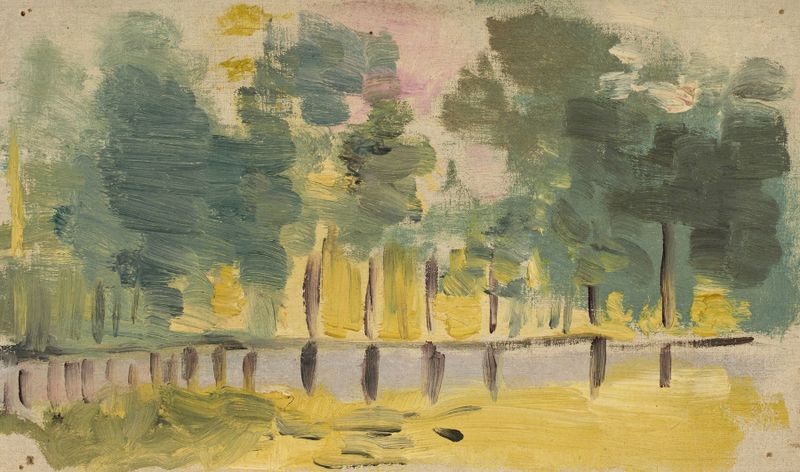 Impressionism artwork by Jeanne Jegou-Cadart depicting a reflection of trees on water.