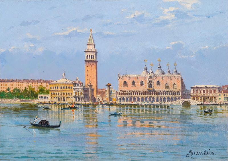 The Molo, Venice de Antonietta Brandeis, óleo sobre tela que retrata uma paisagem tranquila com água e edifícios.