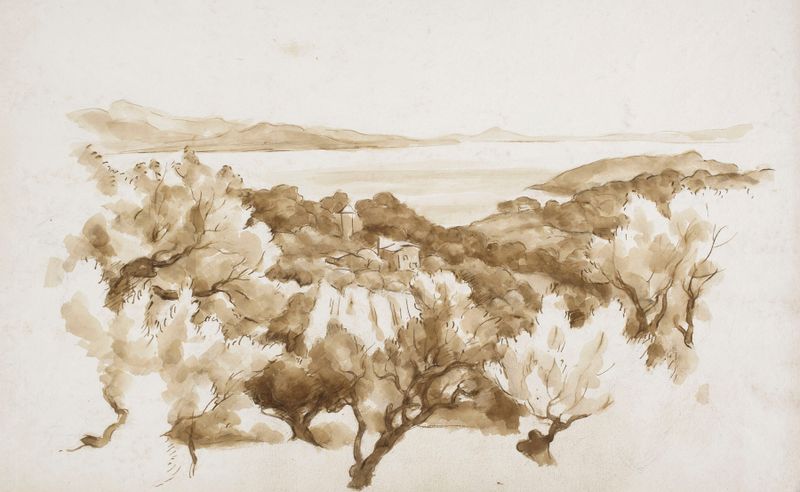 Landscape in La Ciotat de Józef Pankiewicz, óleo que presenta un cielo azul y aguas tranquilas.