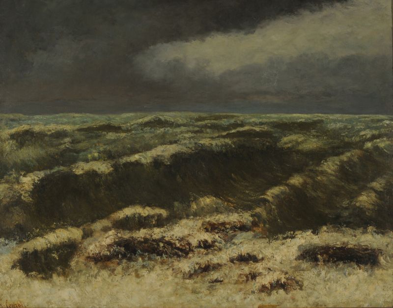 Mer Orageuse de Gustave Courbet, óleo sobre lienzo que muestra olas del mar turbulentas y cielos oscuros