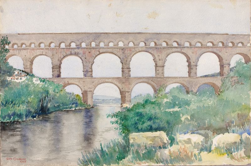 Acueducto de Cass Gilbert, representando un acueducto de piedra en un paisaje, estilo Romanticismo