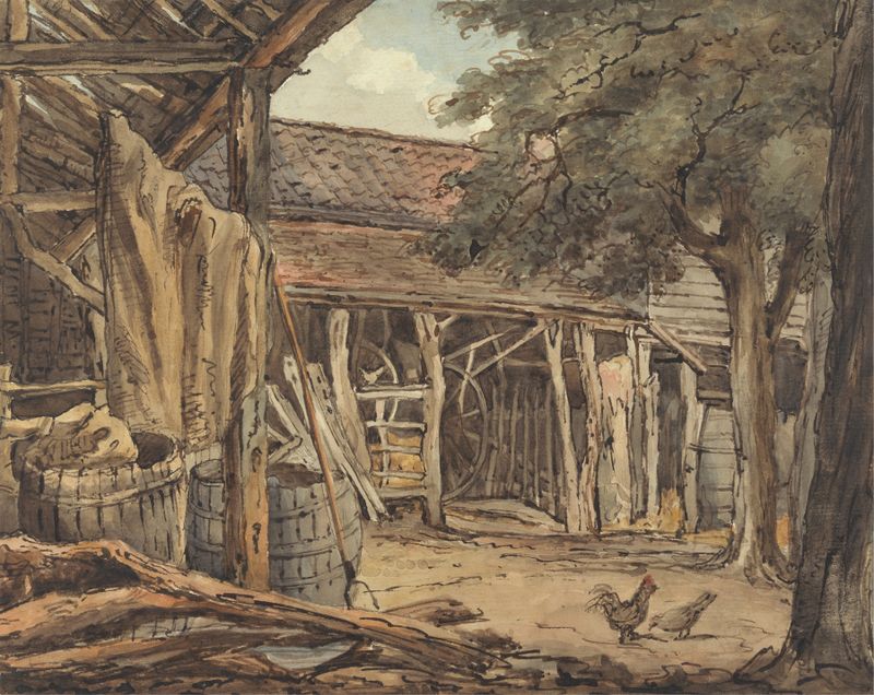 A Farmyard by William Henry Hunt, depicting a sunlit farmyard with animals, oil painting.