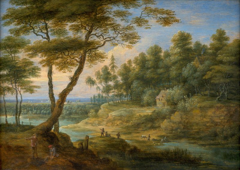Figuras en un paisaje de Lucas van Uden, óleo sobre lienzo que muestra figuras entre flora exuberante.