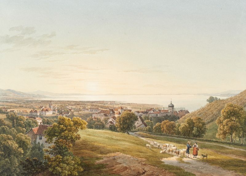 Paisagem representando um rio em De Bâle aux Sources du Rhin de Johann Jakob Meyer, óleo sobre tela.