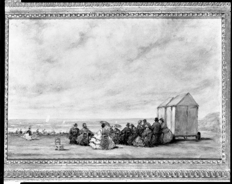 Cena de Praia de Louis-Eugène Boudin, óleo sobre tela representando uma costa serena com ondas e luz dourada.
