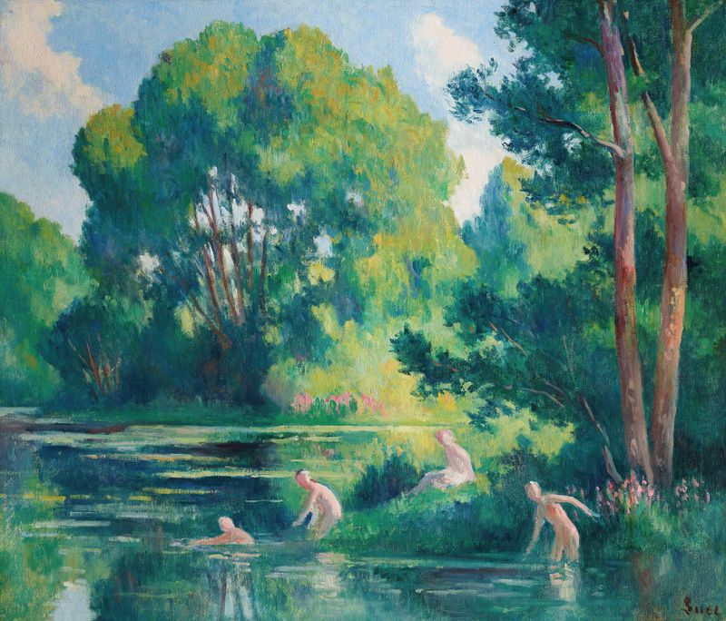 Rolleboise, baignade dans le petit bras de la Seine de Maximilien Luce, óleo sobre tela com figuras ao lado do rio.