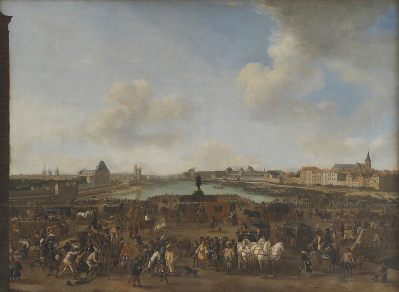 Vista de París con río y edificios, óleo sobre lienzo de Philips Wouwerman