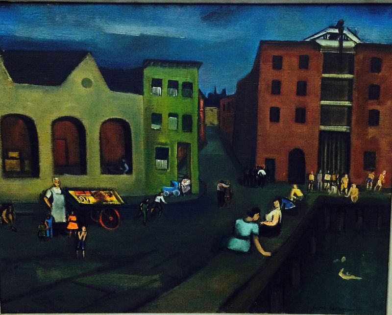 Docks on Sunday de Joseph De Martini, óleo sobre tela, retratando cais de madeira e água calma sob um céu cinza.