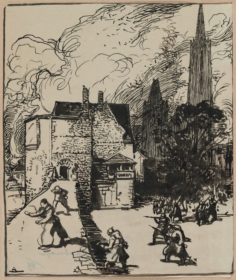 Grabado de Auguste Louis Lepère que representa una escena de batalla caótica en Siège des Maubeuge