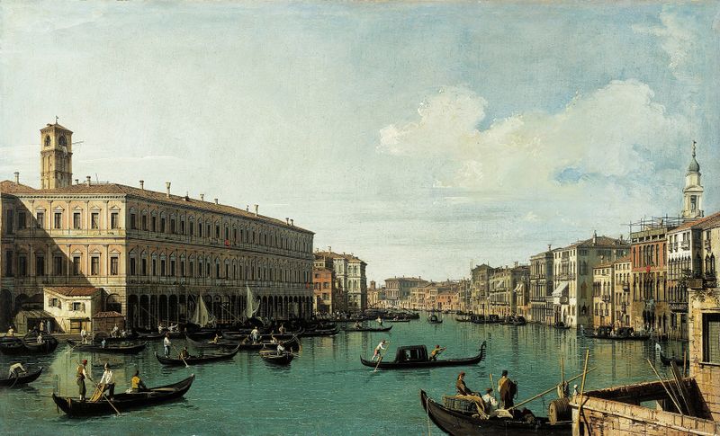 Le Grand Canal, vu du pont du Rialto por Canaletto, óleo sobre tela que retrata a arquitetura veneziana.