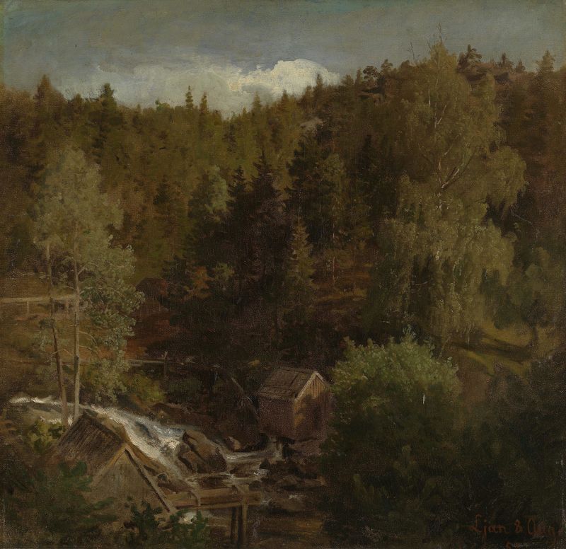 Paisaje con un Molino de Hans Gude, pintura al óleo que muestra un río tranquilo y un molino.