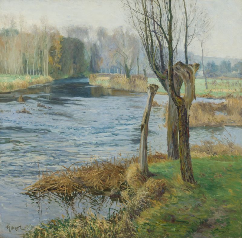 French Landscape with Watercourse de Gustave Albert, óleo que muestra un río sereno y naturaleza exuberante.