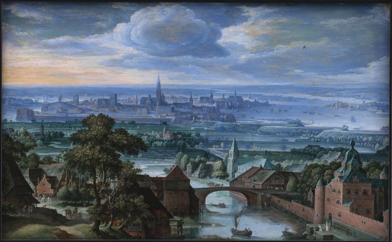 Landscape with a View of Antwerp by Hans Bol, oil painting depicting a city under golden light.
