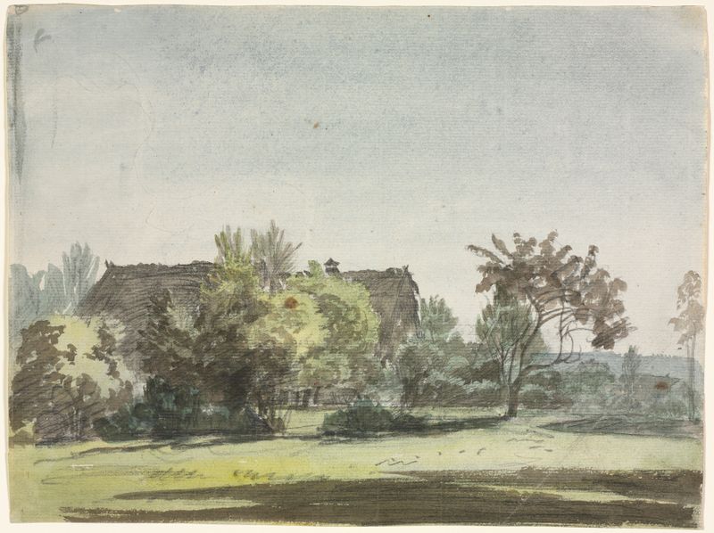 Casa de Campo Detrás de los Árboles de Christoph Nathe, óleo sobre lienzo que muestra una casa iluminada por el sol y árbo...