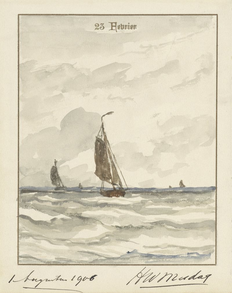 Cena marinha com ondas suaves e tons de pôr do sol, óleo sobre tela de Hendrik Willem Mesdag