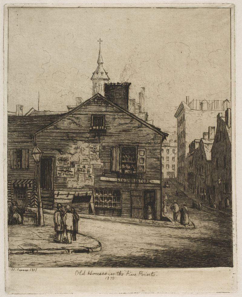 Old Houses in the ‘Five Points’ by Henry Farrer, oil on canvas depicting historic urban architecture